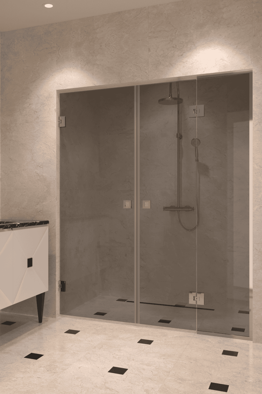 Dušisein nišši Hietakari Vetro 555, kroomitud furnituur, hall toonklaas