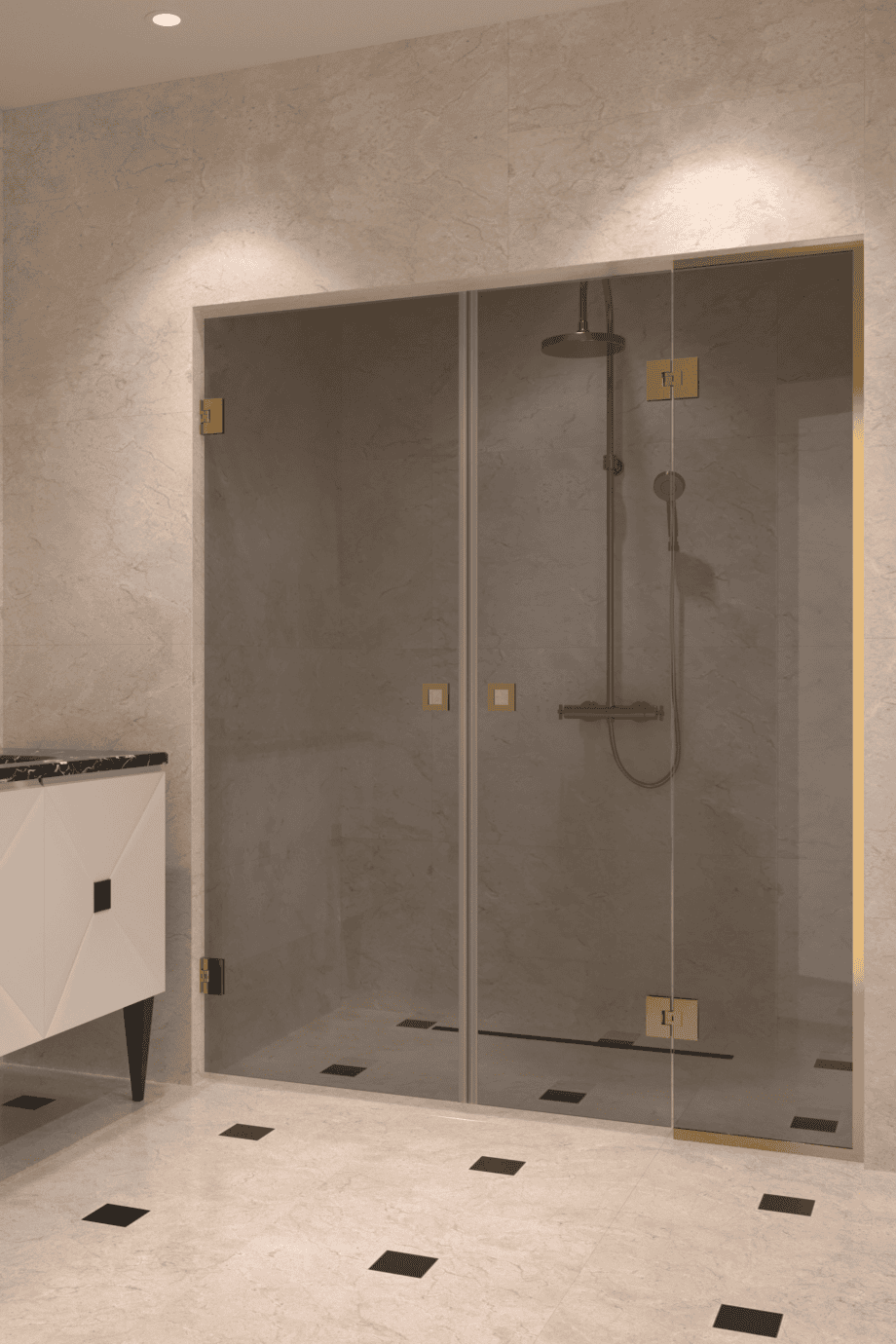 Dušisein nišši Hietakari Vetro 555, messingfurnituur, hall toonklaas