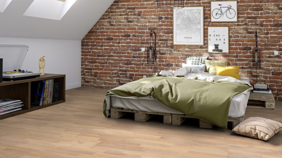 Parkett Tarkett, Grace, Tamm White Canvas (valge) TreS, 3-lip, harjatud, Proteco 3 Tammeparkett Tarkett Grace White Canvas TreS magamistoas