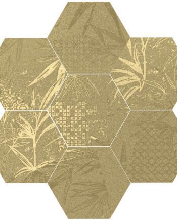 Kuusnurkne troopilise taimemustriga keraamiline põrandaplaat Dune Magnet Tropic Gold, 15x17 cm, 8 mm, kuldne