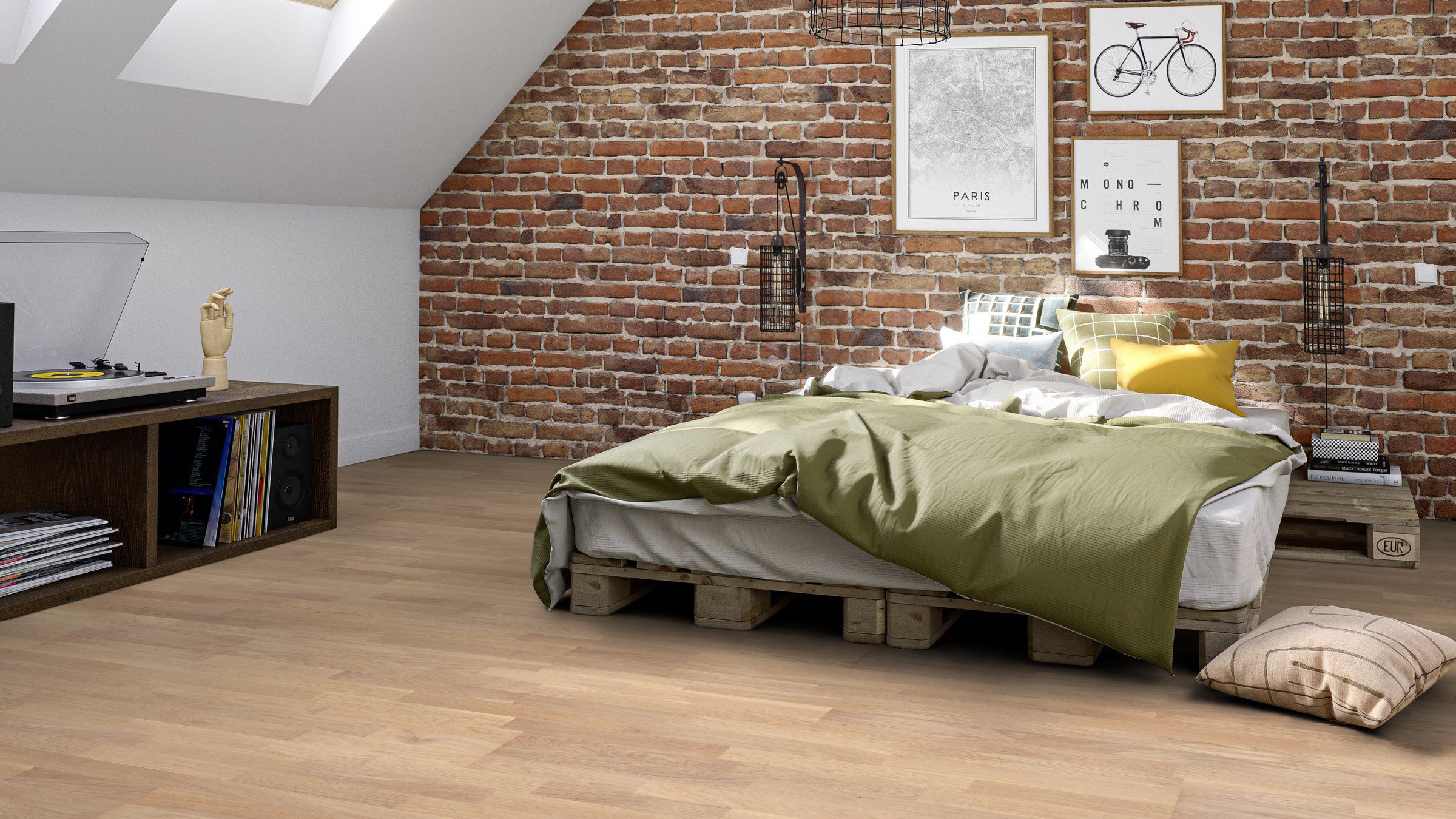 Parkett Tarkett, Grace, Tamm White Canvas (valge) TreS, 3-lip, harjatud, Proteco ExtraMatt matt lakk – vaade 3