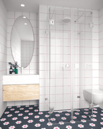 U-kujuline dušikabiin Hietakari Vetro 562, kroomitud furnituur, läbipaistev klaas