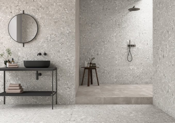 Terrazzo mustriga matt keraamiline põrandaplaat Tau Clemon Silver, 60x60 ja 60x120 cm, hõbehall, R10, rektifitseeritud – vaade 6