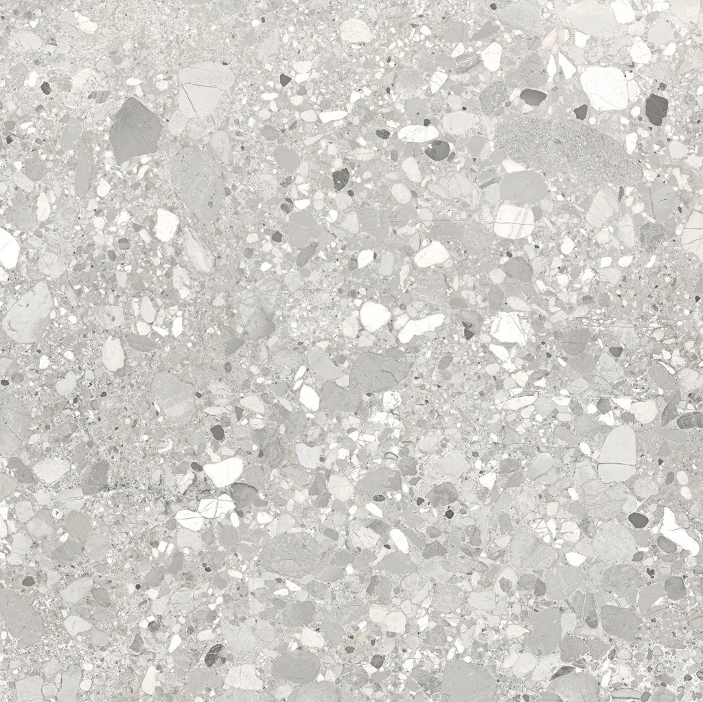 Terrazzo mustriga matt keraamiline põrandaplaat Tau Clemon Silver, 60x60 ja 60x120 cm, hõbehall, R10, rektifitseeritud