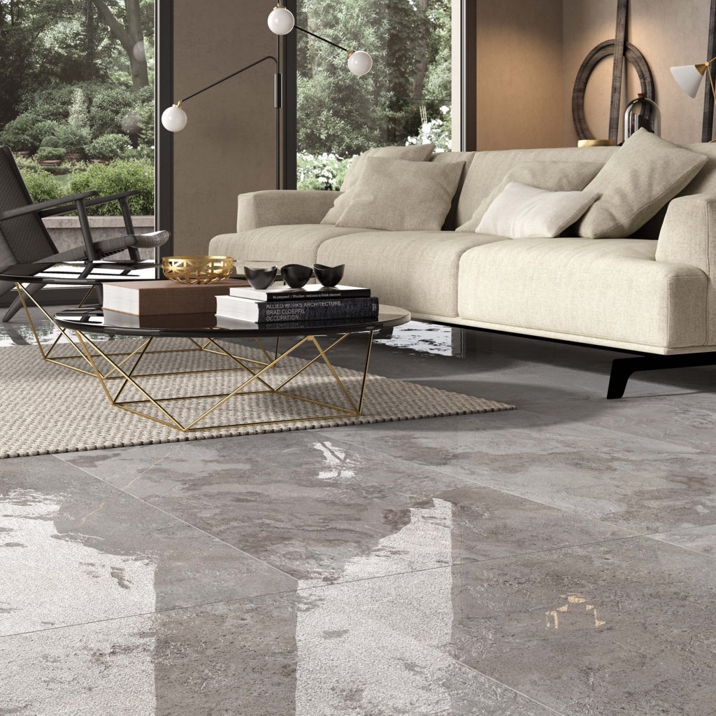 Lapparo, or semi-polished ceramic tiles with an iridescent glossy surface in the living room