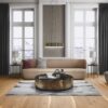 parquet-floor–bauwerk-boen-casapark-oak-46-vivo-brushed-oiled-138mm Parquet floor Bauwerk Boen Casapark Oak 46 Vivo brushed and oil-waxed 138mm wide installed on livingroom floor. Disainer sofa and chair. Beutiful sofa table., grey designer carpet under it.